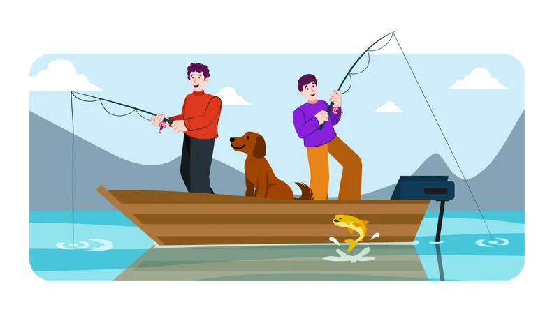 Two man standing in boat and catching fish  Illustration