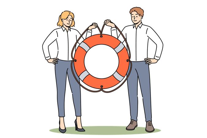 Two managers holding lifeline offering business help and support or crisis management services  Illustration