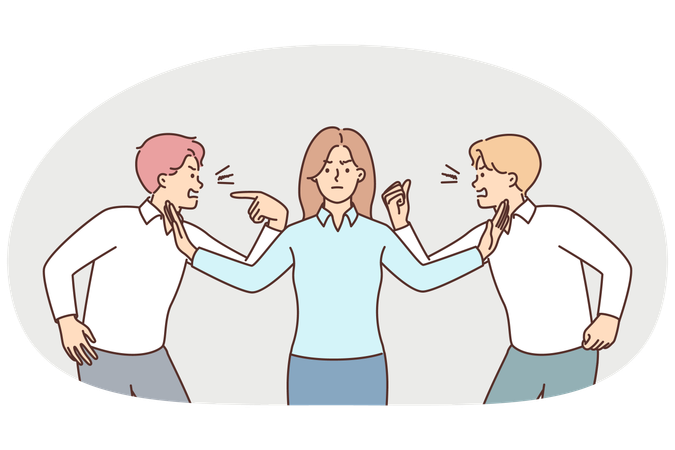 Two men colleagues quarrel over dagreements while female manager eliminates conflict  Illustration