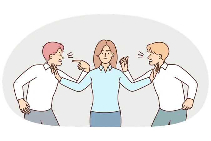 Two men colleagues quarrel over dagreements while female manager eliminates conflict  Illustration