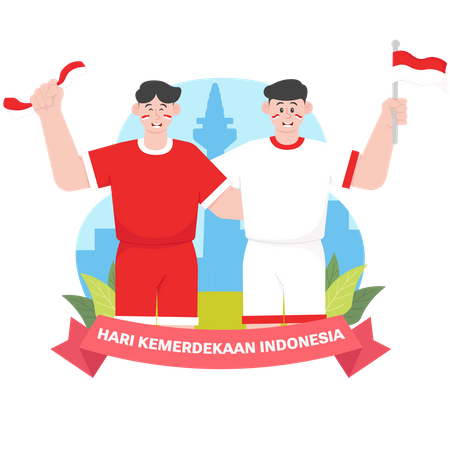 Two men embracing on Indonesia’s independence day  Illustration