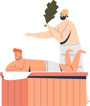Two men enjoy visiting sauna  Illustration