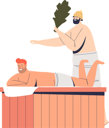 Two men enjoy visiting sauna  Illustration