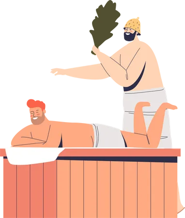 Two men enjoy visiting sauna  Illustration