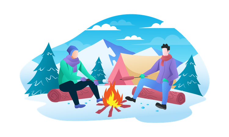Two men enjoying campfire on mountain in winter  Illustration