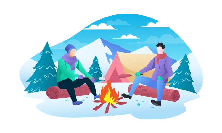 Two men enjoying campfire on mountain in winter  Illustration