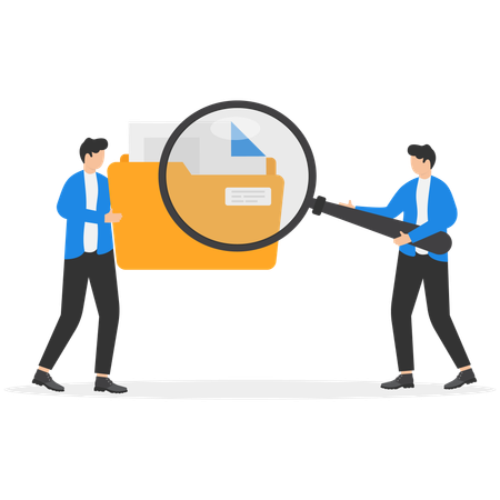 Two men finding file from folder using magnifying glass  Illustration