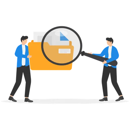 Two men finding file from folder using magnifying glass  Illustration