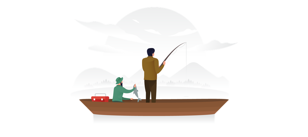 Two Men Fishing At A River Illustration