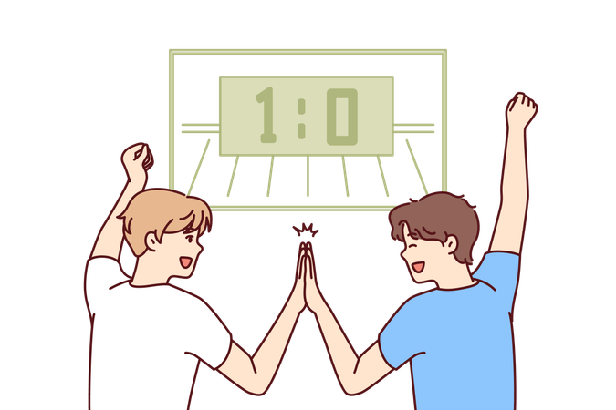 Two men football fans watch game on TV and rejoice after goal of favorite team or successful match  Illustration