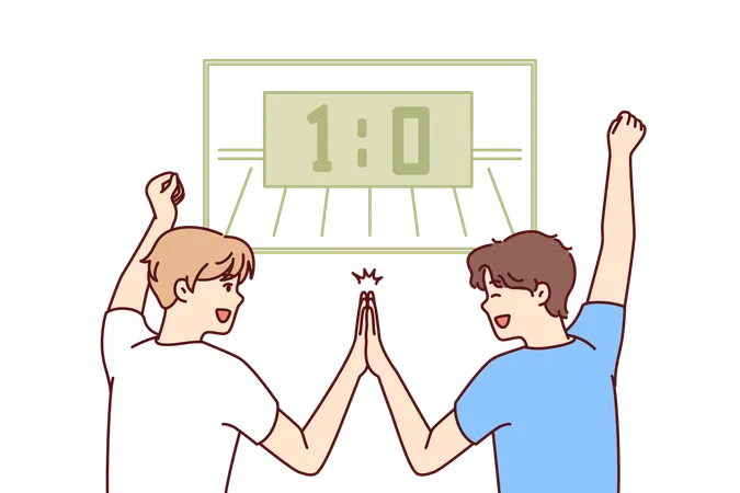 Two men football fans watch game on TV and rejoice after goal of favorite team or successful match  일러스트레이션