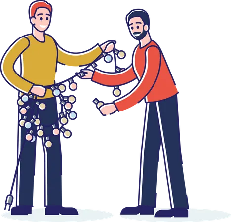 Two men holding christmas garland  Illustration