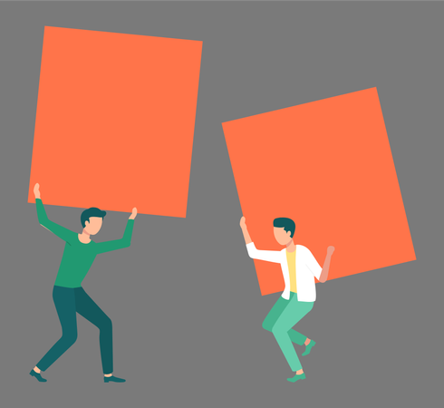 Two men holding orange blank empty posters  Illustration