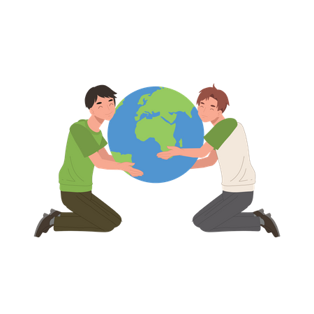 Two Men Hugging Planet Earth  Illustration