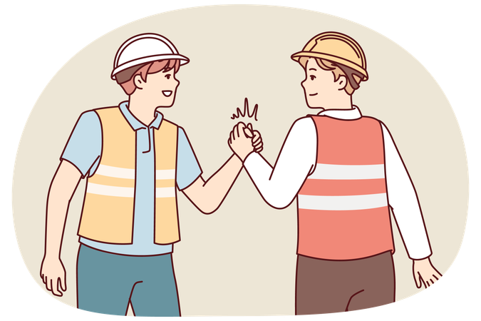 Two men in uniform of builders shake hands holding each others palms tightly  Illustration