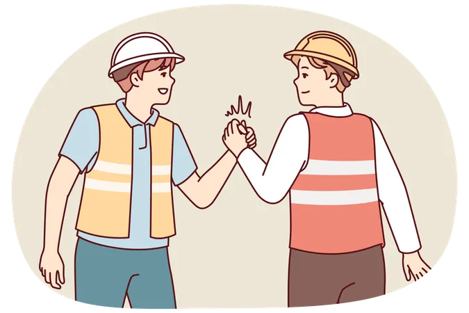 Two men in uniform of builders shake hands holding each others palms tightly  Illustration