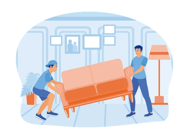 Two Men Lifted And Moved Sofa  Illustration