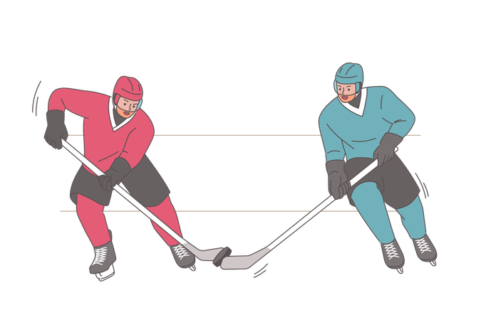 Two men play hockey and trying to take puck from opponent with stick and score goal  Illustration