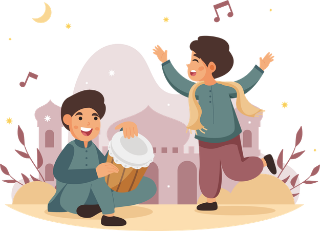 Two Men Playing Music and Dancing  Illustration