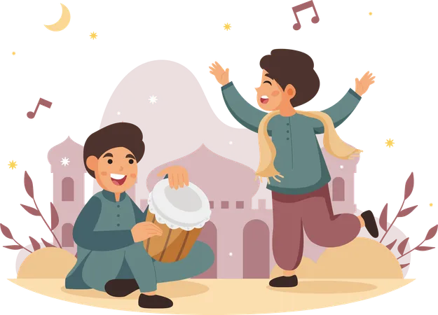 Two Men Playing Music and Dancing  Illustration