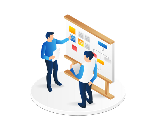 Two Men Putting Together A Scrumboard For A Work Plan  Illustration