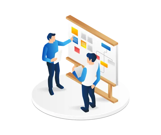 Two Men Putting Together A Scrumboard For A Work Plan  Illustration