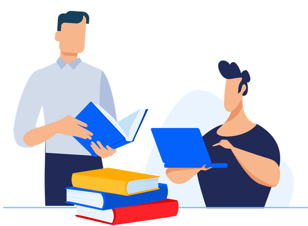 Two men reading book while improving business skill  Illustration