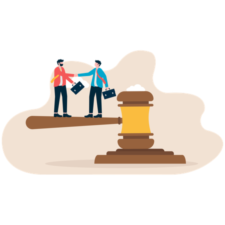Two men shaking hands in front of legal gavel and pile of coins  Illustration