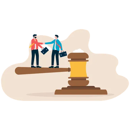 Two men shaking hands in front of legal gavel and pile of coins  Illustration