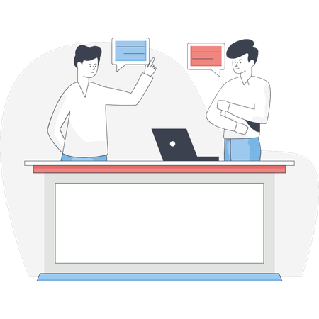 Two men stand at a desk engaged in discussion while looking at a laptop screen  Illustration