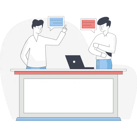 Two men stand at a desk engaged in discussion while looking at a laptop screen  Illustration