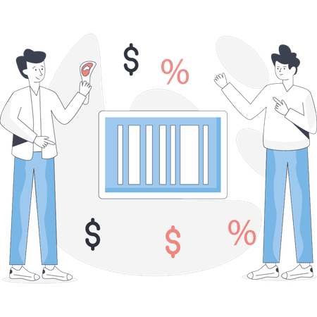 Two men stand beside a bar code discussing its details in a retail environment  Illustration