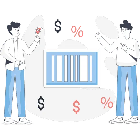 Two men stand beside a bar code discussing its details in a retail environment  Illustration