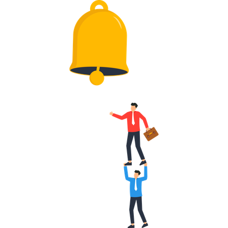 Two Men Supporting Another Under a Golden Bell  Illustration