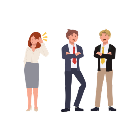 オフィスで密かに話している男性2人とそれを盗み聞きする好奇心旺盛な女性  イラスト