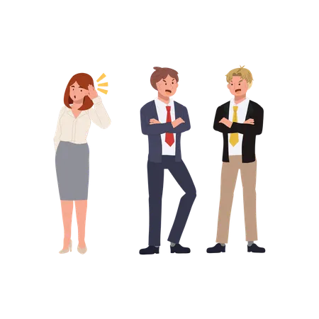 オフィスで密かに話している男性2人とそれを盗み聞きする好奇心旺盛な女性  イラスト