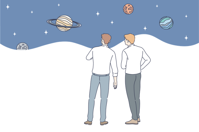 Two men watching planets  Illustration