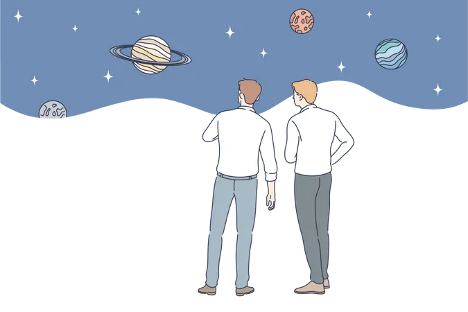 Two men watching planets  Illustration