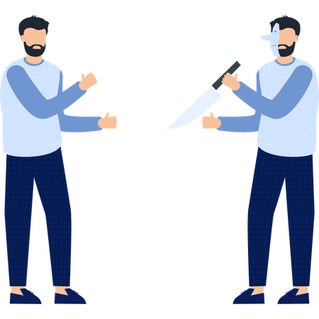 Two men with a knife one wearing a mask  Illustration
