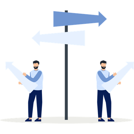 Two Men with Arrows Pointing in Opposite Directions Signpost  Illustration
