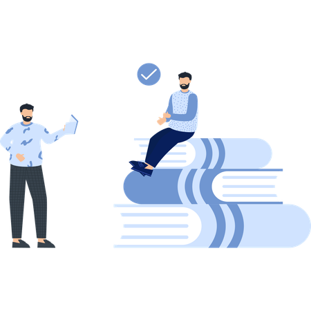 Two men with books one reading and one sitting on a stack with a checkmark  Illustration