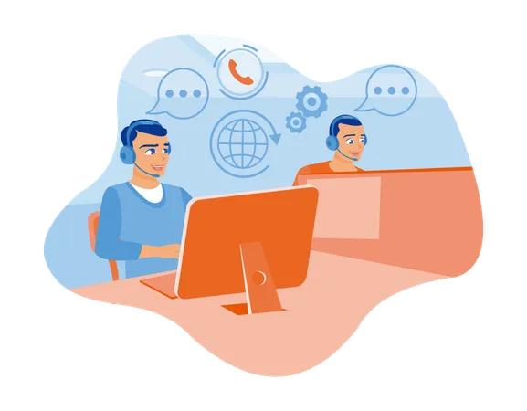 Two men work in a call center office  Illustration