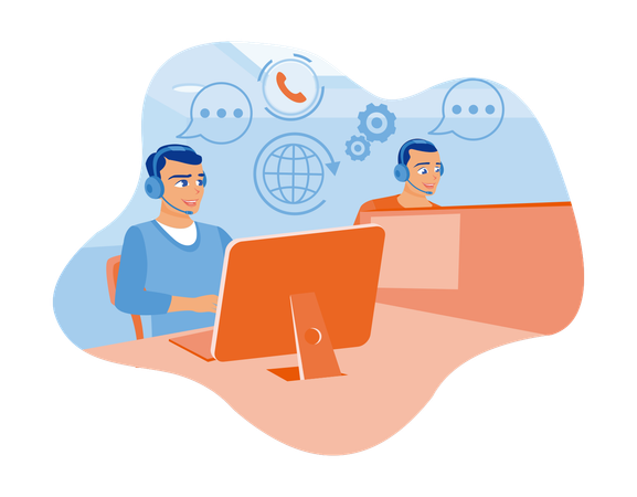 Two men work in a call center office  Illustration