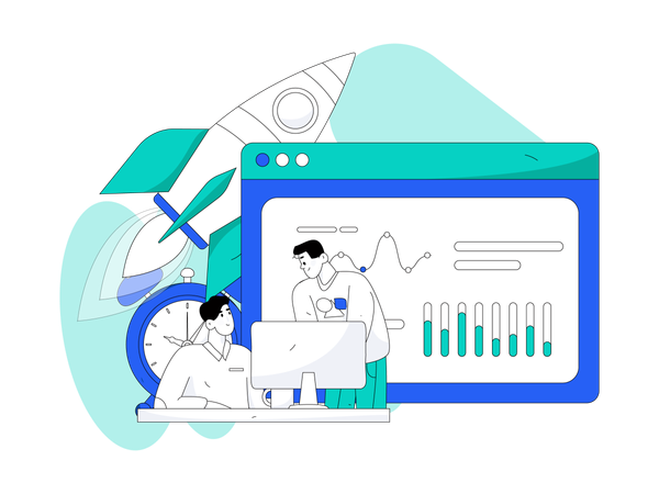 Two men working on startup analysis  Illustration