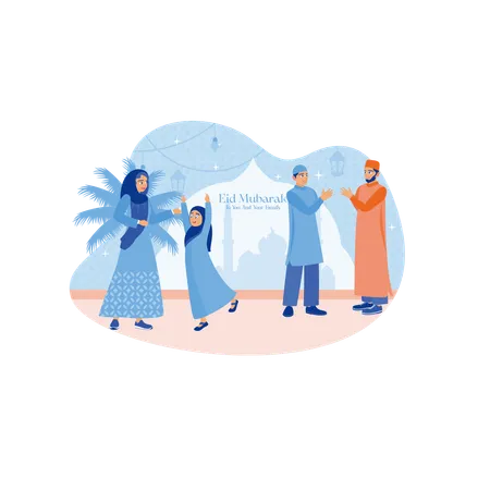 Two Muslim families greet each other  Illustration