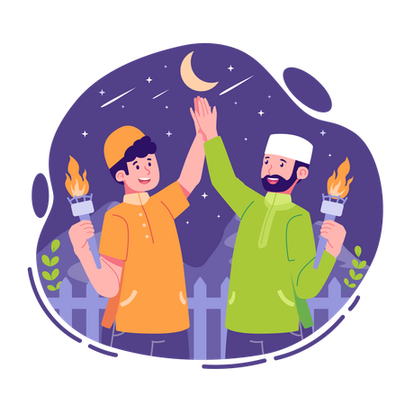 Two Muslim man holding light torch and celebrate Ramadan  Illustration