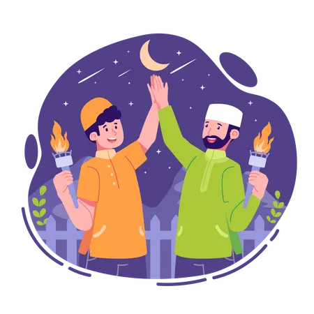 Two Muslim man holding light torch and celebrate Ramadan  Illustration