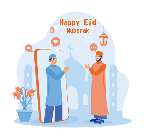 Two Muslim men forgive each other via video call and celebrating Eid  Illustration