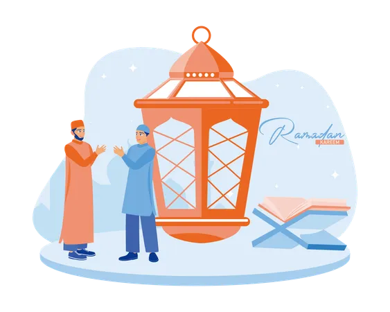 Two Muslim Men Greet Each Other Standing Next To A Lantern  Illustration