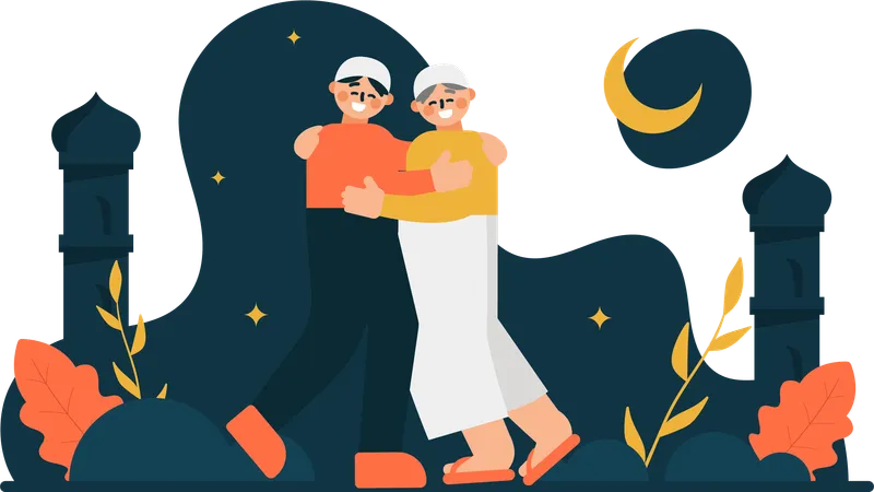The Illustration Of Two Muslims Hugging Is A Visually Appealing Image That Conveys Warm Wishes And Celebration During Eid This Image Can Be Used In Marketing Materials Social Media Posts And Greeting Cards To Connect With Muslim Audiences Illustration